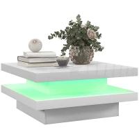HOMCOM Square Coffee Table with 7 LED Lights and Remote, 2-Tier Modern Center Table for Living Room, White(m-11)