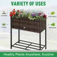 Outsunny Raised Garden Bed, Elevated Planter Box with Rattan Wicker Look, Tool Storage Shelf, Portable Design for Herbs, Vegetables, Flowers, Brown(m-4)
