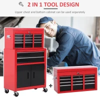 HOMCOM 6-Drawer Rolling Tool Chest, 2 in 1 Lockable Storage Cabinet with Hooks, Metal Tool Box for Garage, Workshop, Red(m-4)
