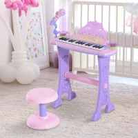 Qaba 32-Key Princess Electronic Toy Piano for Kids, Educational Keyboard Piano with Stool, MP3, Record, Flashing Lights, Microphone for 3-6 Years, Pink(m-10)