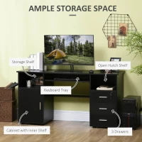 HOMCOM 57" Computer Desk with Drawers, Home Office Desk with Keyboard Tray, Open Shelves and Lockable Drawer, Writing Workstation for Study, Black(m-4)