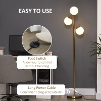 HOMCOM Modern 3-Light Floor Lamp for Living Room, Tree Standing Lamp with Globe Lampshades, 10.75"x10.75"x66.5", Gold(m-5)