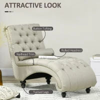 HOMCOM Button Tufted Chaise Lounge Chair Indoor Upholstered Lounge Chair with Bolster Pillow Wood Legs Nailhead Trim for Living Room Bedroom Home Office Beige(m-5)