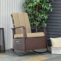 Outsunny Outdoor Wicker Rocking Chair Patio PE Rattan Recliner Chair with Cushion, Adjustable Footrest, Armrests, Khaki(m-1)