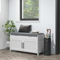 HOMCOM Entryway Bench with Cushion, Hidden Storage, Adjustable Shelves and Shutter Doors, 35.4" Shoe Bench, White(m-1)