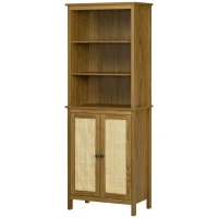 HOMCOM Rustic Bookshelf with Cabinet & Rattan, Tall Bookshelf Library, Wooden Bookcase with Doors and Shelves, Study Living Room Home Office, Walnut(m-11)