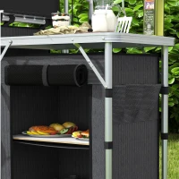 Outsunny Aluminum Camping Kitchen, Portable Folding Camping Table with Fabric Cupboards, Windshield, Bag for BBQ, Picnic, Black(m-9)