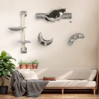 PawHut 4Pcs Cat Wall Shelf with Scratching Post, Cat Wall Shelves for Relaxing, Climbing, Cat Wall With Soft Ladder, Hammock, Play Balls, Grey(m-1)