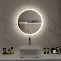 HOMCOM 28" Round Bathroom Mirror with LED Lights, Wall Mounted Vanity Mirror with Anti-Fog Pad, Time and Temp Display, Gold(m-8)