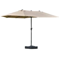 Outsunny 15' Outdoor Patio Umbrella with Twin Canopy Sunshade Steel Table Umbrella with Lift Crank, Cross base, Sandbag, Khaki(m-11)