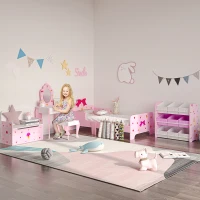 Qaba Kids Vanity Table & Chair Set Girls Dressing Set with Mirror Drawer Cute Patterns for 3-6 Years Old, Pink(m-1)