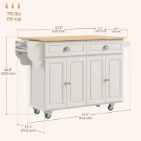 HOMCOM Kitchen Island with Storage, Rolling Kitchen Island with Drop Leaf, Rubber Wood Top and Adjustable Shelves, Cream White(m-3)