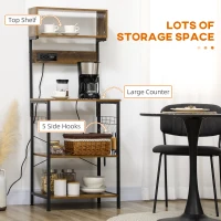 HOMCOM Kitchen Bakers Rack with Power Outlet, USB Charger, Microwave Stand, Coffee Bar with Adjustable Shelves, 5 Hooks for Spices, Pots and Pans, Rustic Brown(m-6)