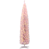 HOMCOM 8ft Pencil Christmas Tree, Slim Artificial Christmas Tree with Realistic Branches and Warm White LED Lights, Pink(m-11)