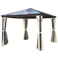 Outsunny 10' x 10' Hardtop Gazebo Canopy with Polycarbonate Roof, Aluminum Frame, Permanent Pavilion Outdoor Gazebo with Netting, for Patio, Garden, Backyard, Deck, Lawn, Black, Beige(m-11)