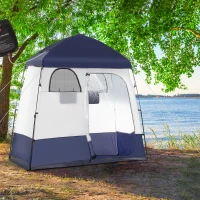 Outsunny Outdoor Portable Pop Up Shower Tent Changing Tent Privacy Enclosure with 2 Rooms, Shower Bag, Floor for Camping, Blue(m-9)