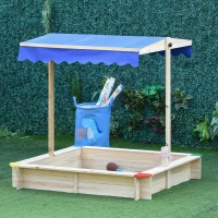 Outsunny Wooden Sandbox w/ Adjustable Canopy, Children Outdoor Playset Weather Resistant 47" L x 47" W x 47" H, Natural & Blue(m-10)