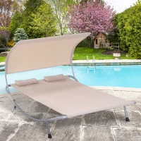Outsunny 79" Outdoor Lounge Chair with Canopy, Double Chaise Lounger Hammock Bed w/ Pillow and Wheels, Sand(m-8)