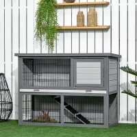 PawHut 42.5" Wooden Rabbit Hutch Bunny Cage Small Animal House Enclosure with Ramp, Removable Tray and Weatherproof Roof for Outdoor, Gray(m-2)