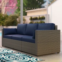 Outsunny Patio Couch PE Wicker Deep Seating Outdoor Sofa with Removable Cushions, 3 Seater Rattan Sofa, Outdoor Furniture for Balcony, Deck, Garden and Poolside, Navy Blue(m-9)