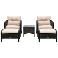 Outsunny 5 Pieces Rattan Wicker Lounge Chair Outdoor Patio Conversation Set with 2 Cushioned Chairs, 2 Ottomans and Tempered Glass Top Coffee Table, Brown/Beige(m-7)