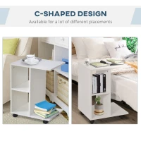 HOMCOM C-Shape Side Table End Table with Storage Open Shelf, Coffee Table on Wheels for Home Office Studio White(m-6)