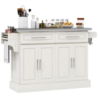 HOMCOM Rolling Kitchen Island with Stainless Steel Top, 2 Drawers, Spice, Knife and Towel Rack and Cabinets, Cream White(m-11)