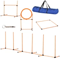 PawHut 4PC Portable Pet Agility Training Set Hurdle for Dog Obstacle Exercise with Adjustable Height Jump Ring High Jumper Weave Poles Square Pause Box Carry Bag Whistle Orange and White(m-11)