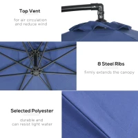 Outsunny 10 FT Cantilever Umbrella, Round Hanging Offset Umbrella with Crank, Cross Base and 8 Ribs for Garden, Backyard, Blue(m-5)