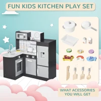 Qaba Corner Kids Kitchen Playset, Wooden Pretend Toy Kitchen Set with Drinking Fountain, Microwave, Fridge and Accessories, Pretend Play Kitchen for 3+ Years, Black(m-5)