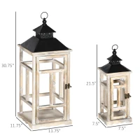 HOMCOM 2 Pack 30"/21" Large Fine Woodworking Decorative Lantern, Metal Hanging Wooden Indoor Covered Outdoor Lantern for Home Décor (No Glass), Black and Natural Wood Faded Colour(m-3)