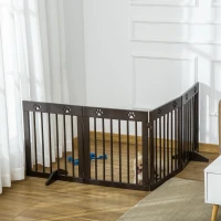 PawHut Freestanding Pet Gate with Two-Direction Hinges, Removable Feet, Foldable Wooden Dog Fence with Paw Carved, 24" x 20", Espresso Brown(m-7)
