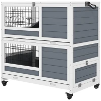 PawHut 2-Tier Indoor Rabbit Hutch Rabbit Cage with Wheels, Feeding Trough, Gray(m-1)