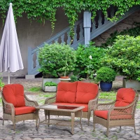 Outsunny 4-Piece Garden Furniture Garden Lawn Pool Backyard Outdoor Sofa Wicker Conversation Set w/ Weather Resistant Cushions and Tempered Glass Tabletop Khaki & Red(m-8)
