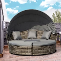 Outsunny 4-Piece Round Convertible Daybed with Cushions, Outdoor PE Rattan Patio Wicker Sofa Set, Sunbed with Adjustable Sun Canopy, Sectional Sofa, 2 Chairs, Table, 3 Pillows, Dark Gray(m-10)