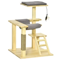 PawHut 25.5" Cat Tree Kitty Activity Center Pinewood Cat Climbing Toy Indoor Outdoor Pet Furniture with Jute Scratching Post Bed Perch Hanging Toy Ladder Cushion Natural(m-11)