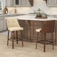 HOMCOM Bar Height Bar Stools Set of 2 PU Leather Upholstered Swivel Barstools with Solid Wood Legs Footrest and Tufted Back, Beige(m-10)