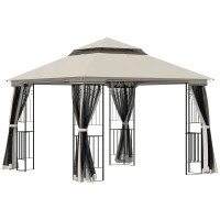 Outsunny 10'x10' Soft-top Patio Gazebo with Double Tier Roof, Mesh Curtains, Display Shelves, Top Hooks, Beige(m-2)