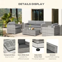 Outsunny 4 Pieces Patio Wicker Sofa Set, Outdoor PE Rattan Extra Wide Seat Conversation Furniture w/ Tempered Glass Table-top & Thick Padded Cushion for Garden, Backyard, Lawn, Mixed Grey(m-6)