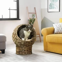 PawHut Wicker Cat Bed with Cushion, Stand, for Indoor Cats, Dark Brown(m-8)