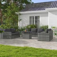 Outsunny Patio Furniture Set, Cushions, Sofa, Loveseat, Fire Pit Table, Gray(m-10)