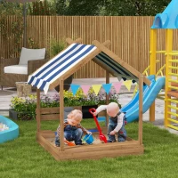 Outsunny Wooden Sandbox with Canopy, House Design for 3-7 Years Old, Brown(m-10)