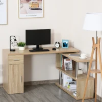 HOMCOM Rotating Computer Desk, 55" L-Shaped Desk, Corner Desk with Storage Shelves, Cabinet and Drawer for Home Office, Natural(m-2)