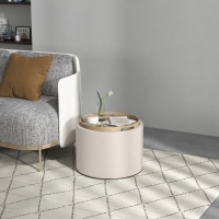 HOMCOM Round Coffee Table, End Table with Hidden Storage and Tray Top, Linen Upholstered Footrest for Living Room