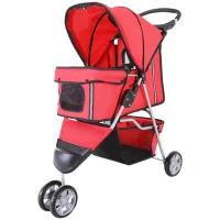 PawHut 3 Wheels Foldable Dog Stroller with Storage Basket, Adjustable Canopy, Cupholder for Miniature and Small Dogs, Red(m-11)
