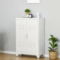 HOMCOM Metal Storage Cabinet, Industrial Sideboard Buffet Cabinet with 2 Louvered Doors, Adjustable Shelves, White(m-8)