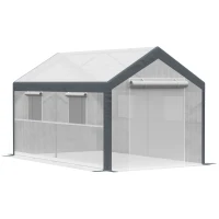 Outsunny 12' x 7' x 7' Greenhouse, Walk-in Outdoor Tunnel Green House with PE Cover, Steel Frame, 2 Roll-Up Zipper Doors & 4 Windows for Flowers, Vegetables, Tropical Plants, White/Dark Gray(m-1)