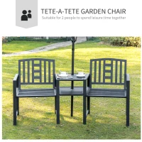 Outsunny Metal Garden Bench with Middle Table and Umbrella Hole, 2-in-1 Double Patio Chairs, Outdoor 2-person Tete-a-Tete, Slatted, Black(m-4)