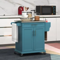 HOMCOM Kitchen Island with Wheels, Rolling Kitchen Island with Storage, Stainless Steel Countertop for Dining Room, Blue(m-10)