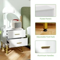 HOMCOM 2 Pieces Nightstands with Storage, Modern Bedside Tables with 2 Fluted Drawers and Gold Legs for Bedroom, White(m-6)